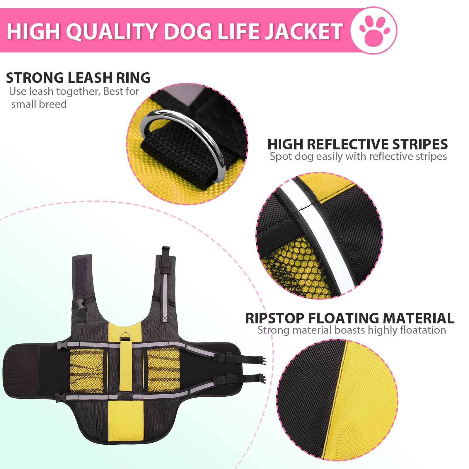 Queenmore Dog Life Jacket Lifesaver Preserver High Buoyancy With Emergency Grab Handle For Small & Medium Dogs Brightyellow, Med